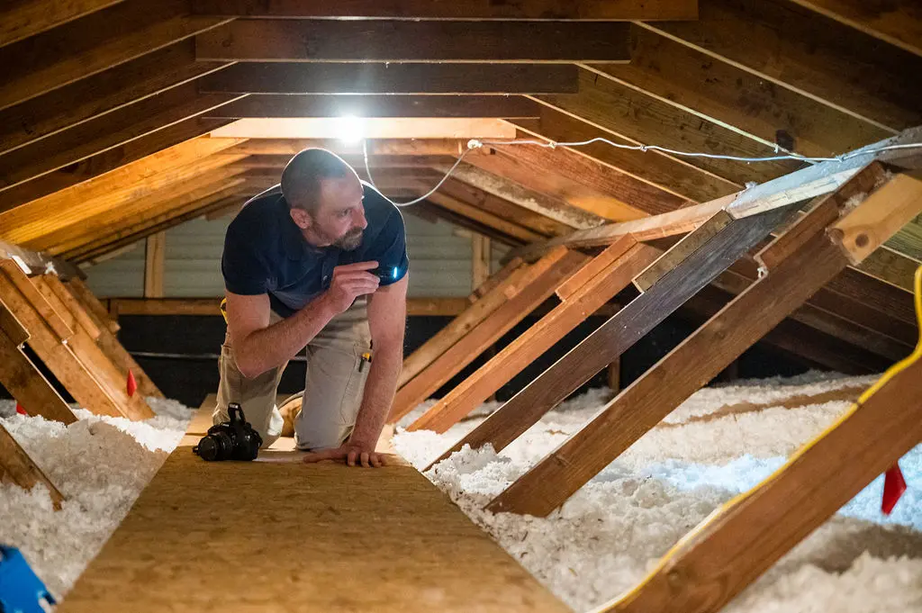 Photo of Chad Allen inspecting an attic at a residential home inspection.