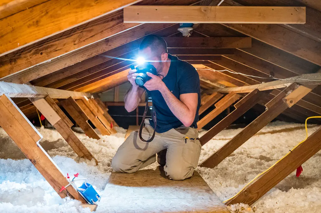 Home Inspector, Chad, inspecting electrical components in an attic.